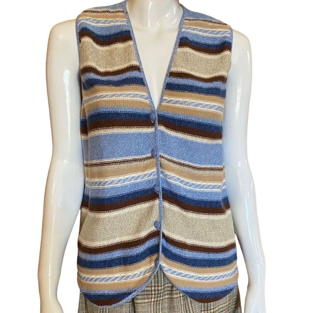 Vintage Sweater Vest Academia Blue Stripe Button Up Sweater Knit Vest Size L